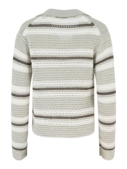 Vince Mesh Stripe Button Polo in White Stone Combo
