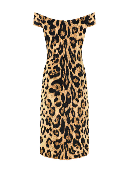 Oscar de la Renta Off-Shoulder Scoop Neck Jaguar Dress in Beige Multi