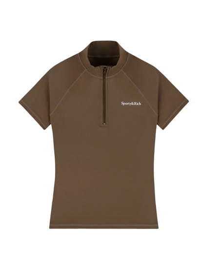 Sporty & Rich Serif Logo Short Sleeve Sports Quarter Zip in Sand