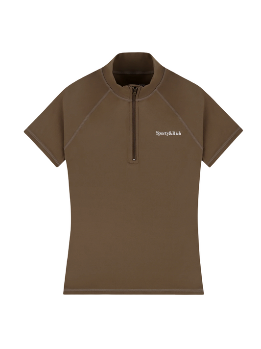 Sporty & Rich Serif Logo Short Sleeve Sports Quarter Zip in Sand