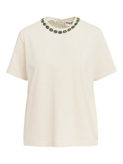 Essentiel Antwerp Galenic Ecru T-Shirt With Rhinestone-Embellished Neckline