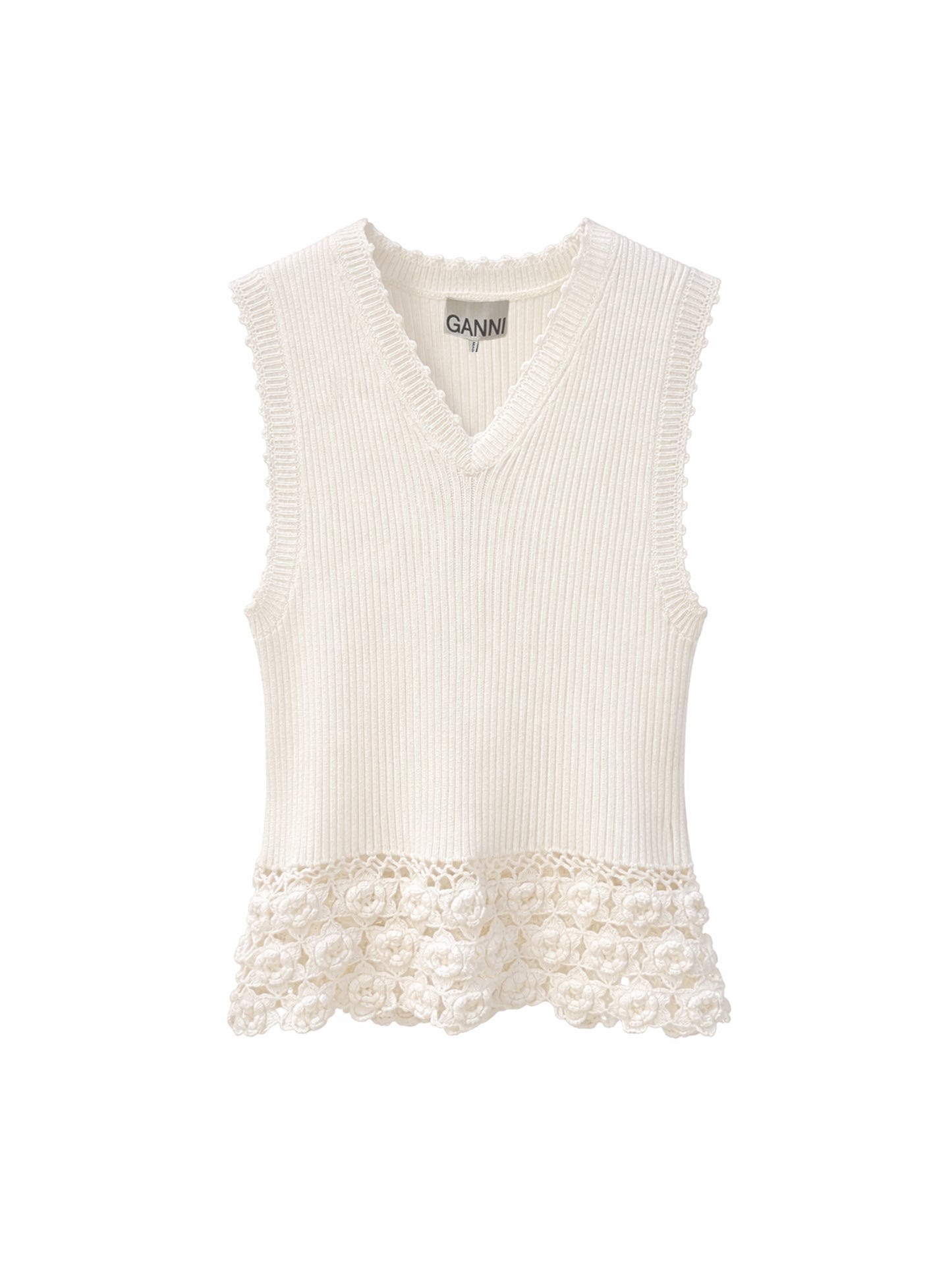 Ganni Fine Cotton Rib Crochet Vest in Egret