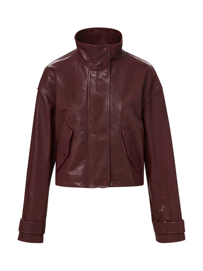 Veronica Beard Bateman Cropped Leather Jacket in Raisin