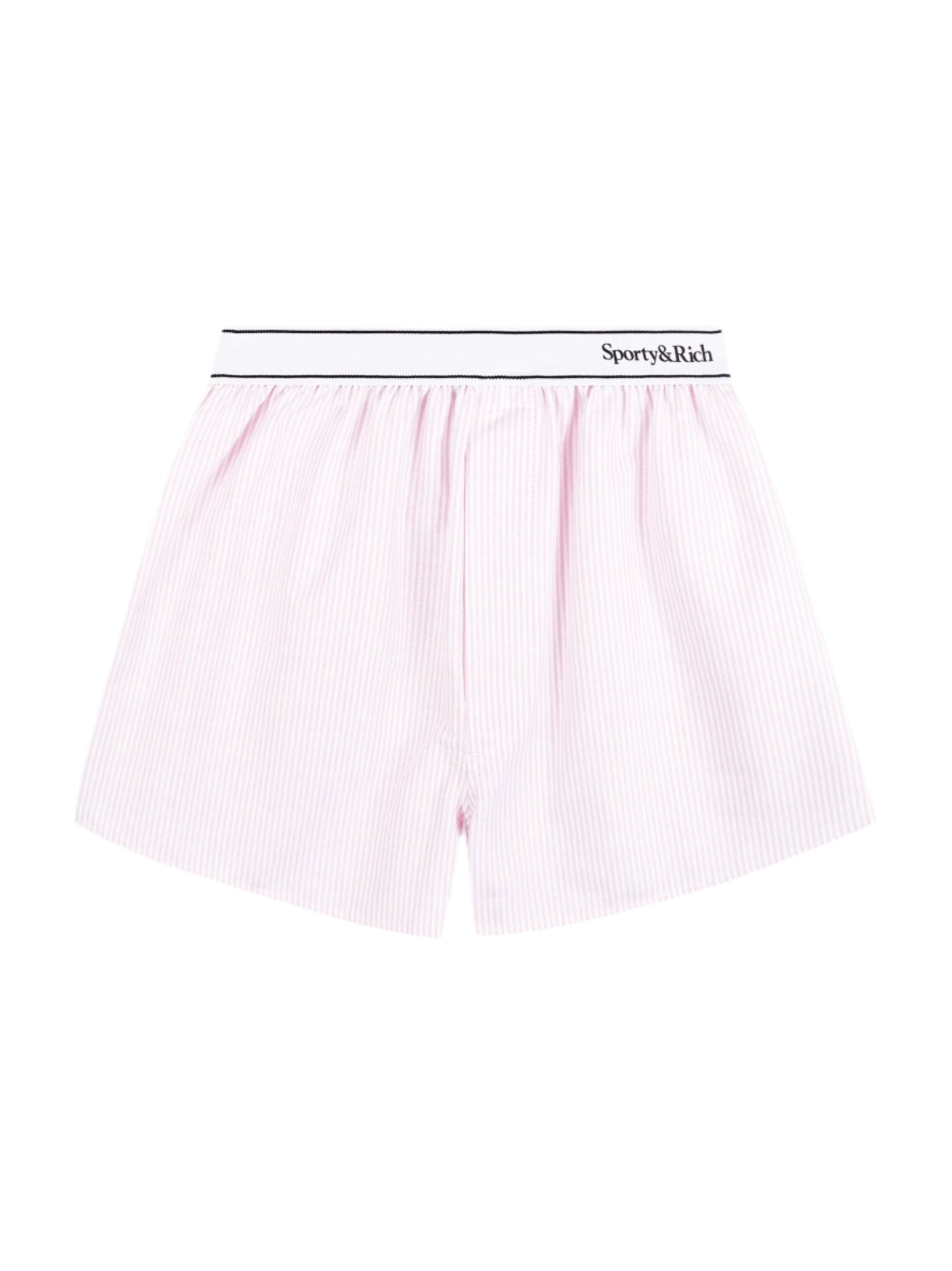 Sporty & Rich Serif Logo Oxford Boxer in Pink/White Thin Stripe
