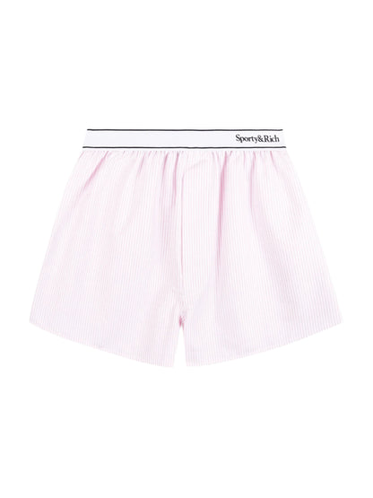 Sporty & Rich Serif Logo Oxford Boxer in Pink/White Thin Stripe