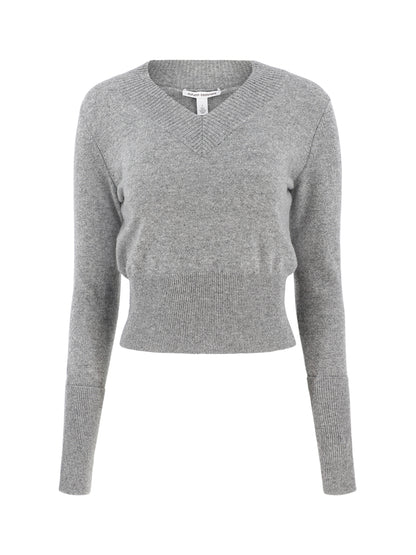 Autumn Cashmere V Neck Sweater With High Cuffs in Cement