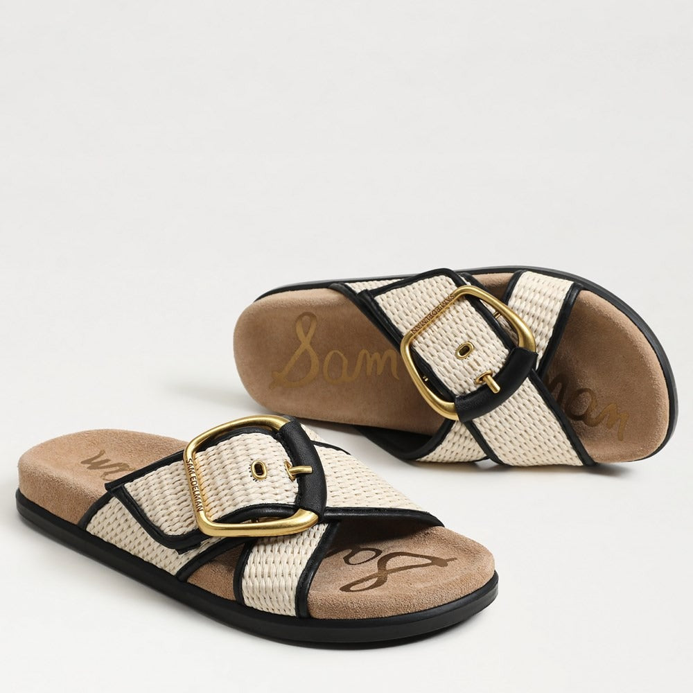 Sam Edelman Darla Multi Buckle Slide Sandal in Linen/Black Faux Raffia