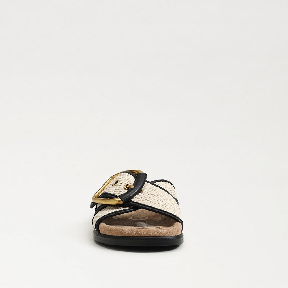 Sam Edelman Darla Multi Buckle Slide Sandal in Linen/Black Faux Raffia