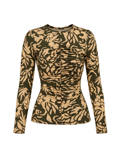 Ulla Johnson Asha Long Sleeve Jersey Top in Khaki Floral