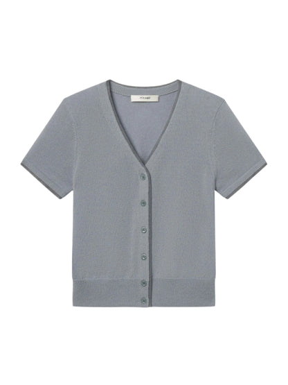 Frame Cashmere Mix Trim Cardi in Grey Blue