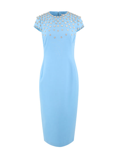 Oscar De La Renta Crystal & Pearl Embroidered Dress in Pastel Blue