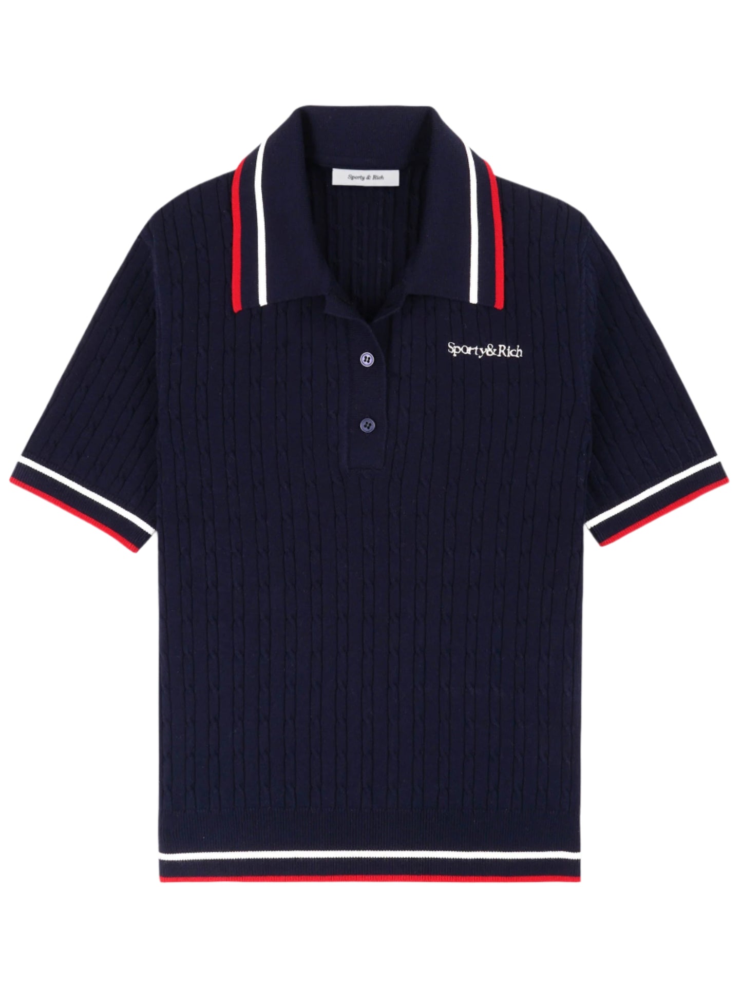Sporty & Rich Serif Logo Mini Cable Polo in Dark Navy/White/Ruby