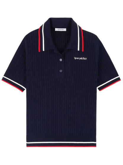 Sporty & Rich Serif Logo Mini Cable Polo in Dark Navy/White/Ruby