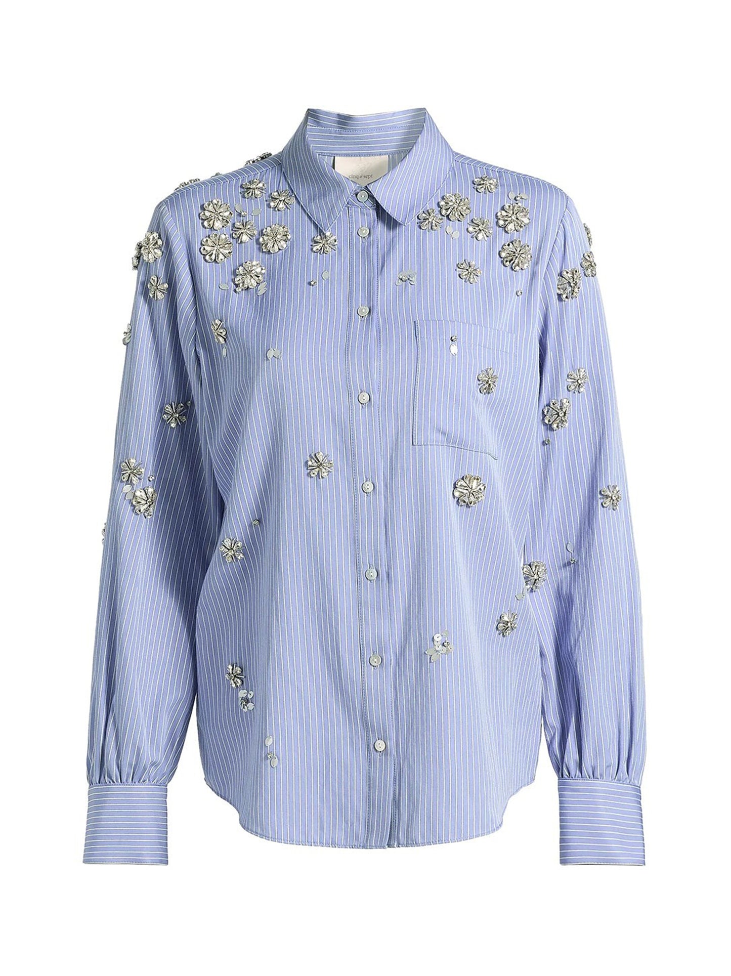 Cinq à Sept Lola Stripe Tumbling Flowers Blanche Top in Blue