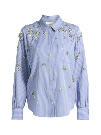 Cinq à Sept Lola Stripe Tumbling Flowers Blanche Top in Blue