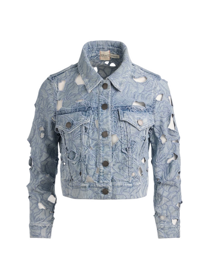 Alice + Olivia Chloe Laser-Cut Denim Jacket in Rockstar Blue