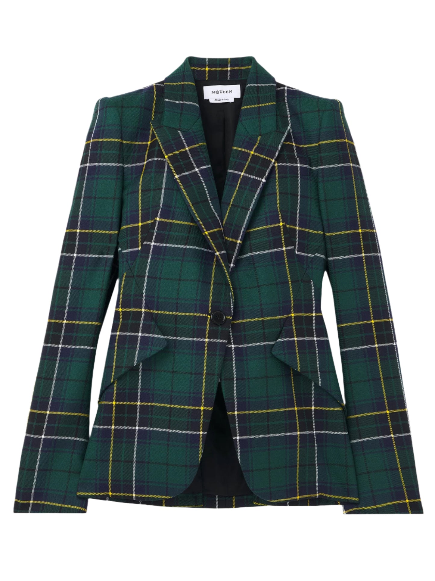 Alexander McQueen Wool Tartan Peak Shoulder Jacket in Navy/Green/Yellow