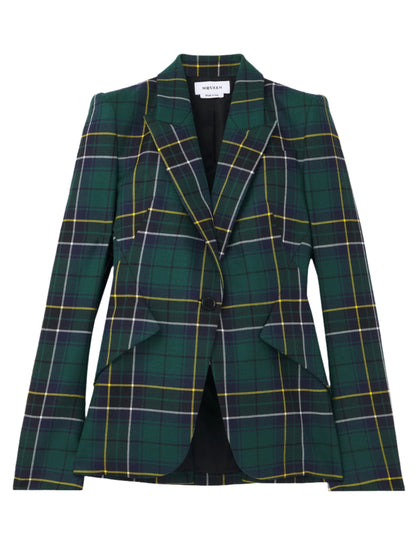 Alexander McQueen Wool Tartan Peak Shoulder Jacket in Navy/Green/Yellow