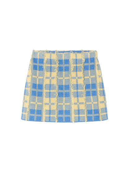 Guest in Residence Fringe Plaid Mini Skirt in Delft Blue/Butter