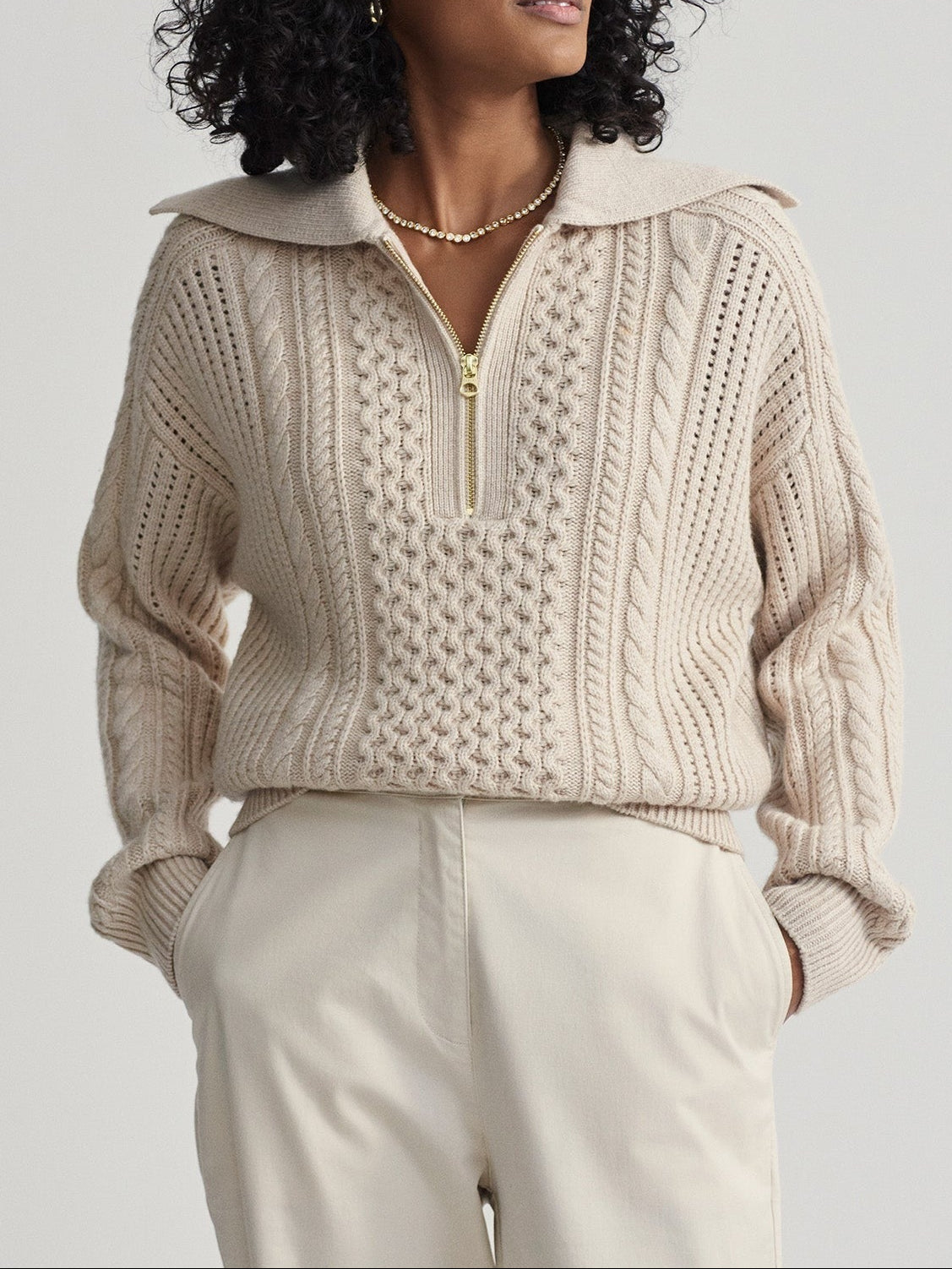 Varley Camello Cable Half Zip 2.0 in Parchment