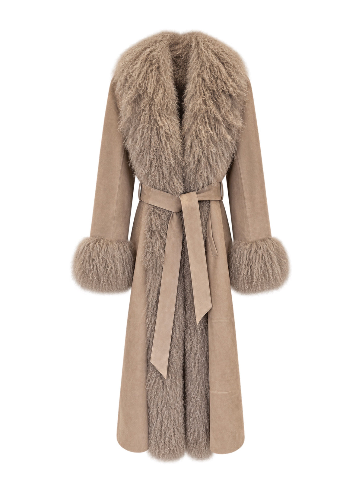 Susanna Chow Inez Suede Shearling Maxi Coat in Sand