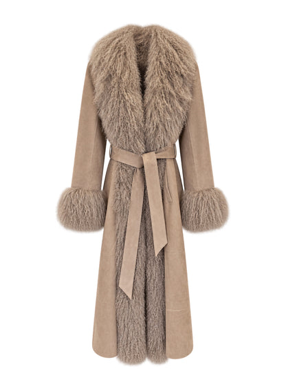 Susanna Chow Inez Suede Shearling Maxi Coat in Sand