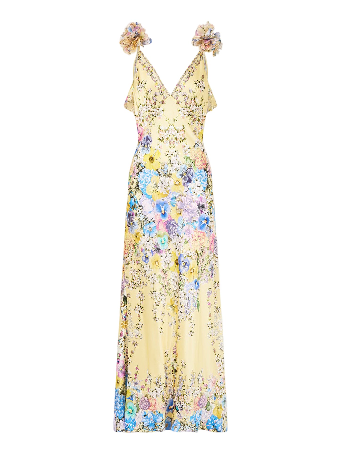 Camilla V-Neck Bias Slip Dress With Back Frill in Darling Buds