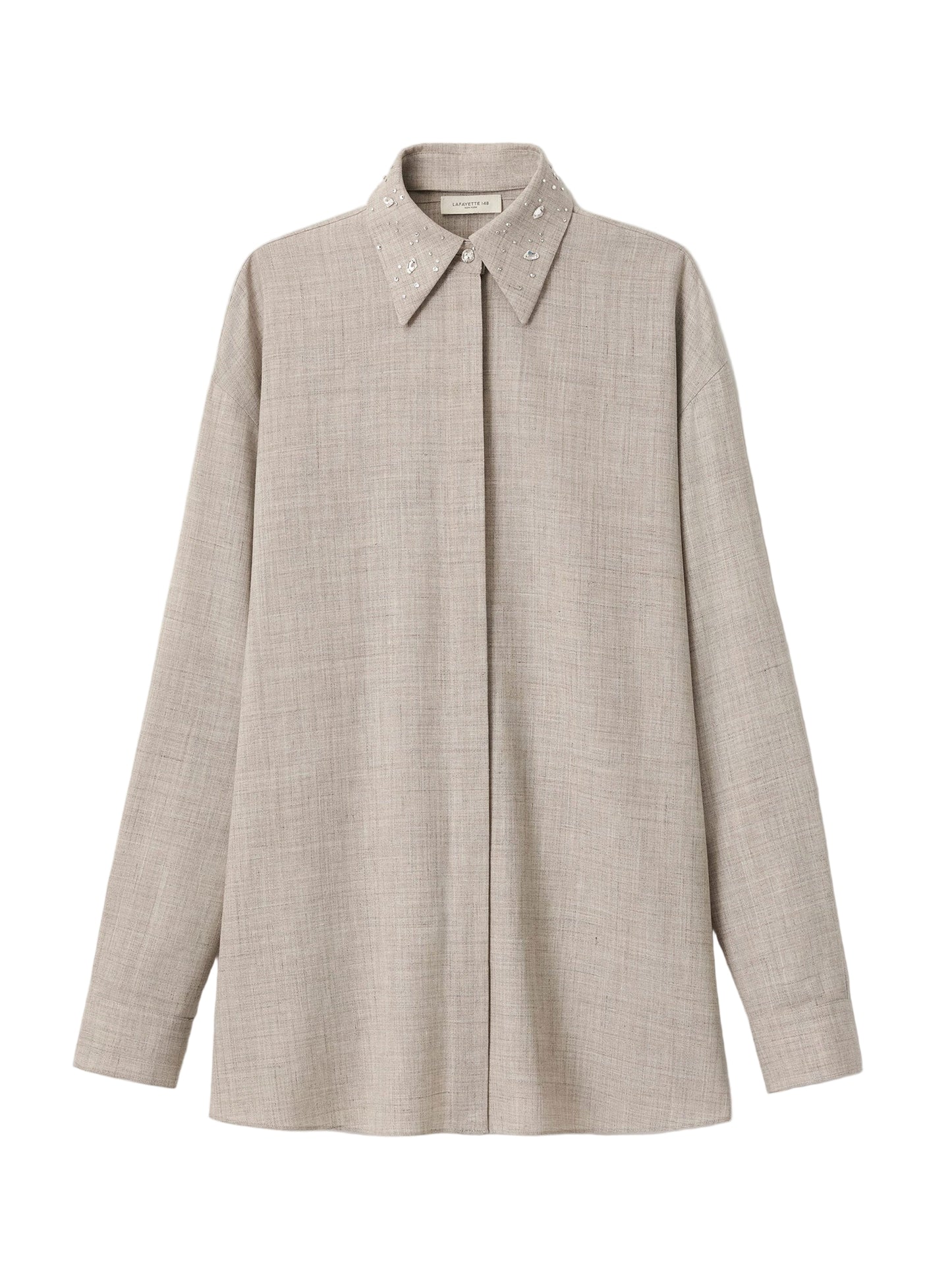 Lafayette 148 Tropical Wool-Silk Crystal Embellished Collar Oversized Shirt in Taupe Marl