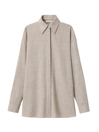 Lafayette 148 Tropical Wool-Silk Crystal Embellished Collar Oversized Shirt in Taupe Marl