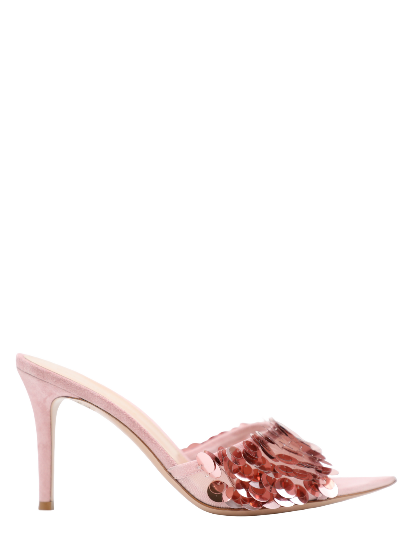 Gianvito Rossi Sequined Mesh Mule Heels in Sakura