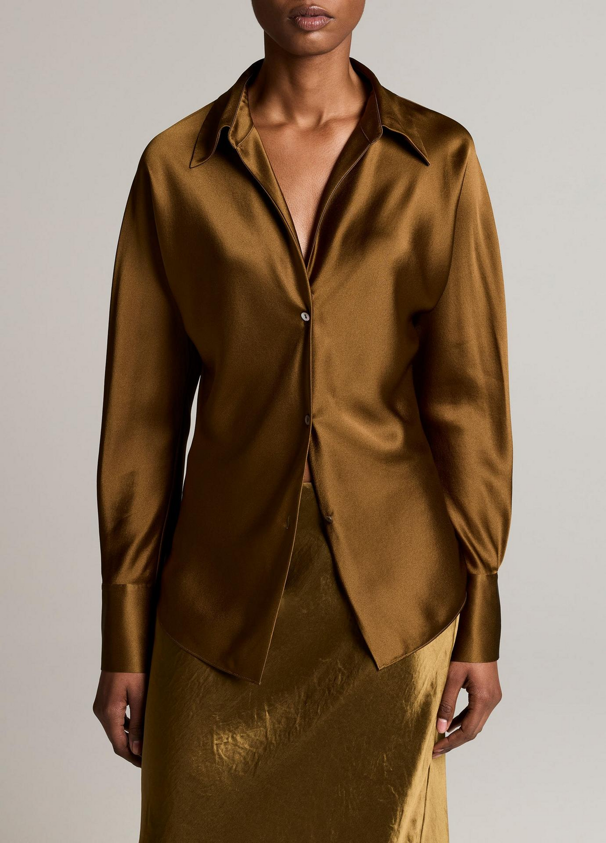 Vince Bias Long Sleeve Blouse in Moss Ochre