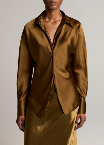 Vince Bias Long Sleeve Blouse in Moss Ochre