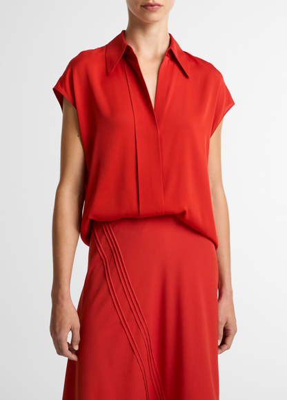 Vince Stretch-Silk Hidden-Placket Cap-Sleeve Blouse in Poppy
