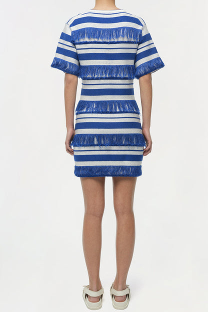 Simkhai Torrance Short-Sleeve Mini Dress in Royal Blue Stripe