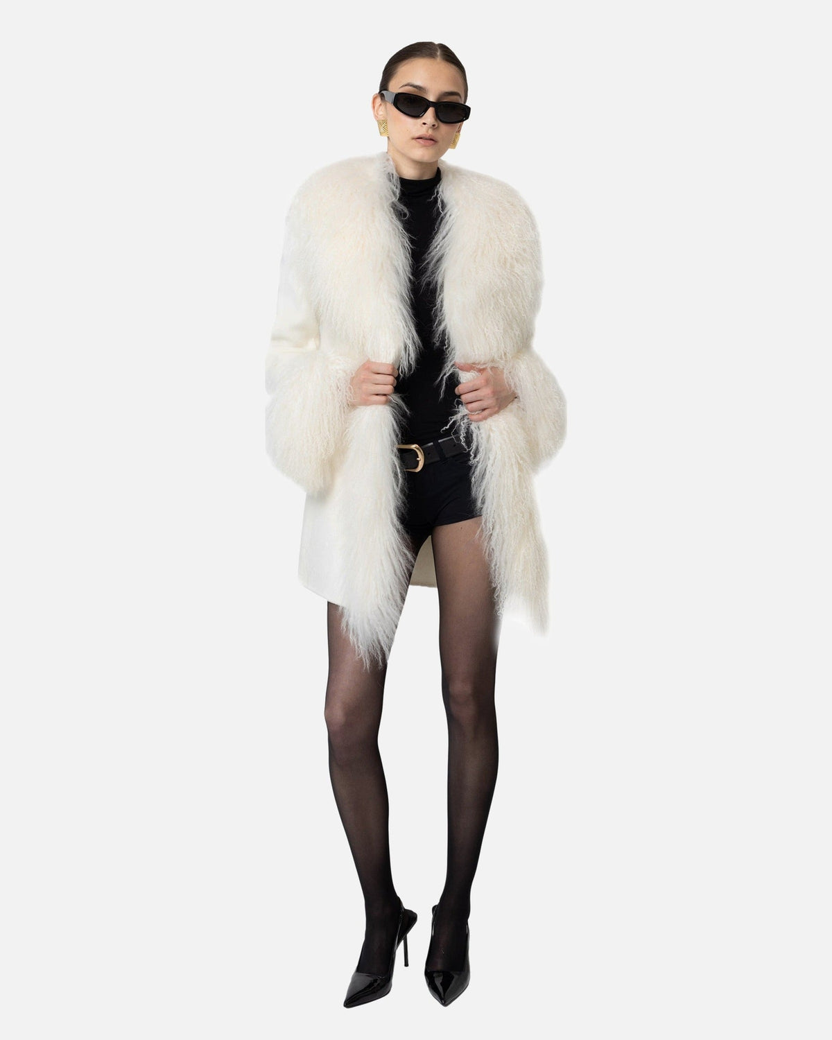 Susanna Chow Inez Cashmere Shearling Midi Coat in Cream