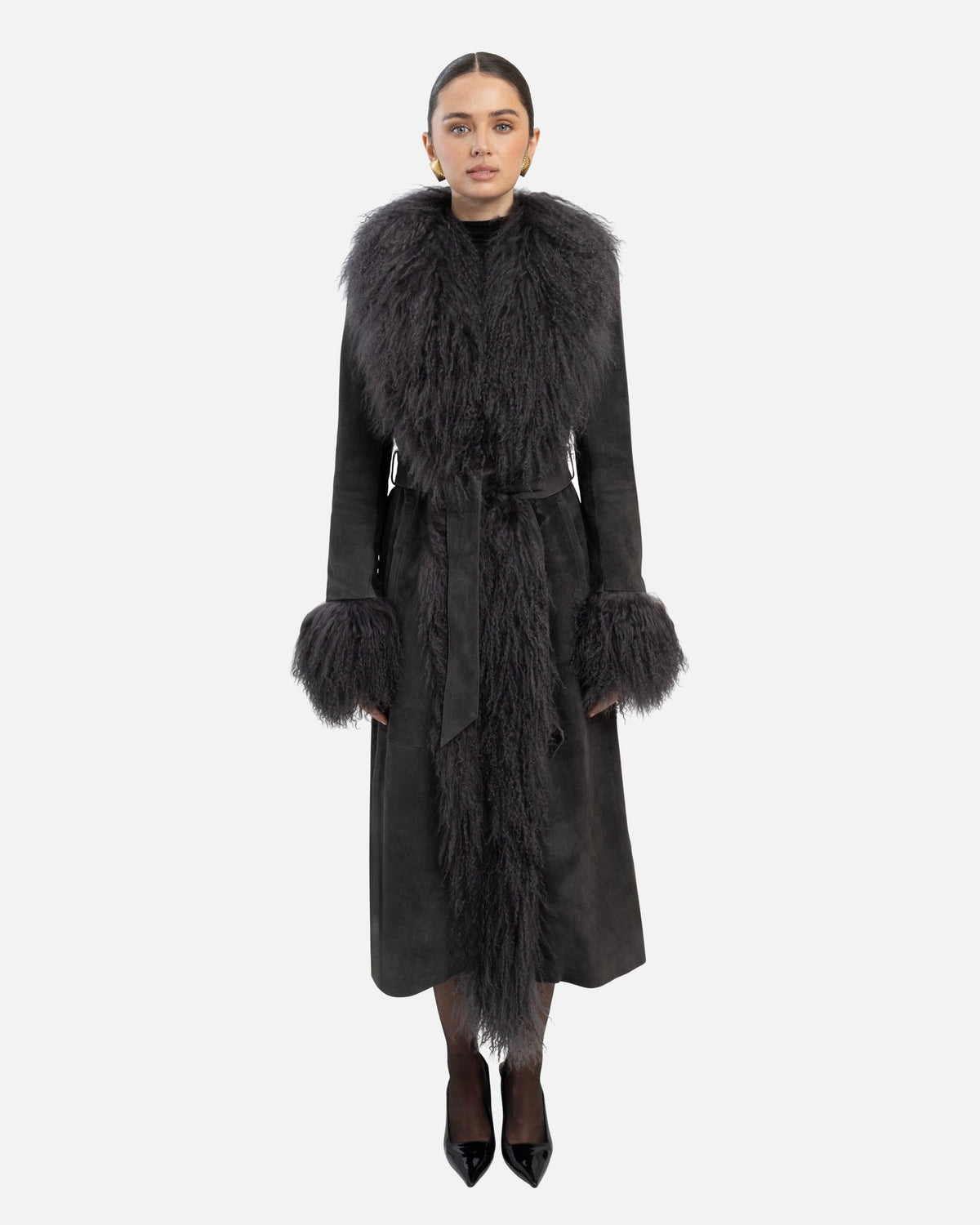 Susanna Chow Inez Suede Shearling Maxi Coat in Graphite