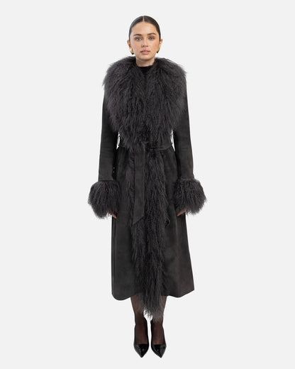 Susanna Chow Inez Suede Shearling Maxi Coat in Graphite