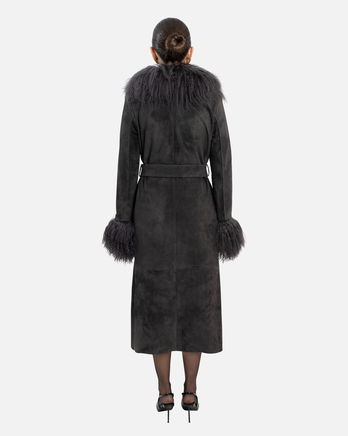 Susanna Chow Inez Suede Shearling Maxi Coat in Graphite