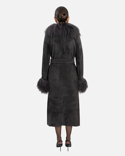 Susanna Chow Inez Suede Shearling Maxi Coat in Graphite