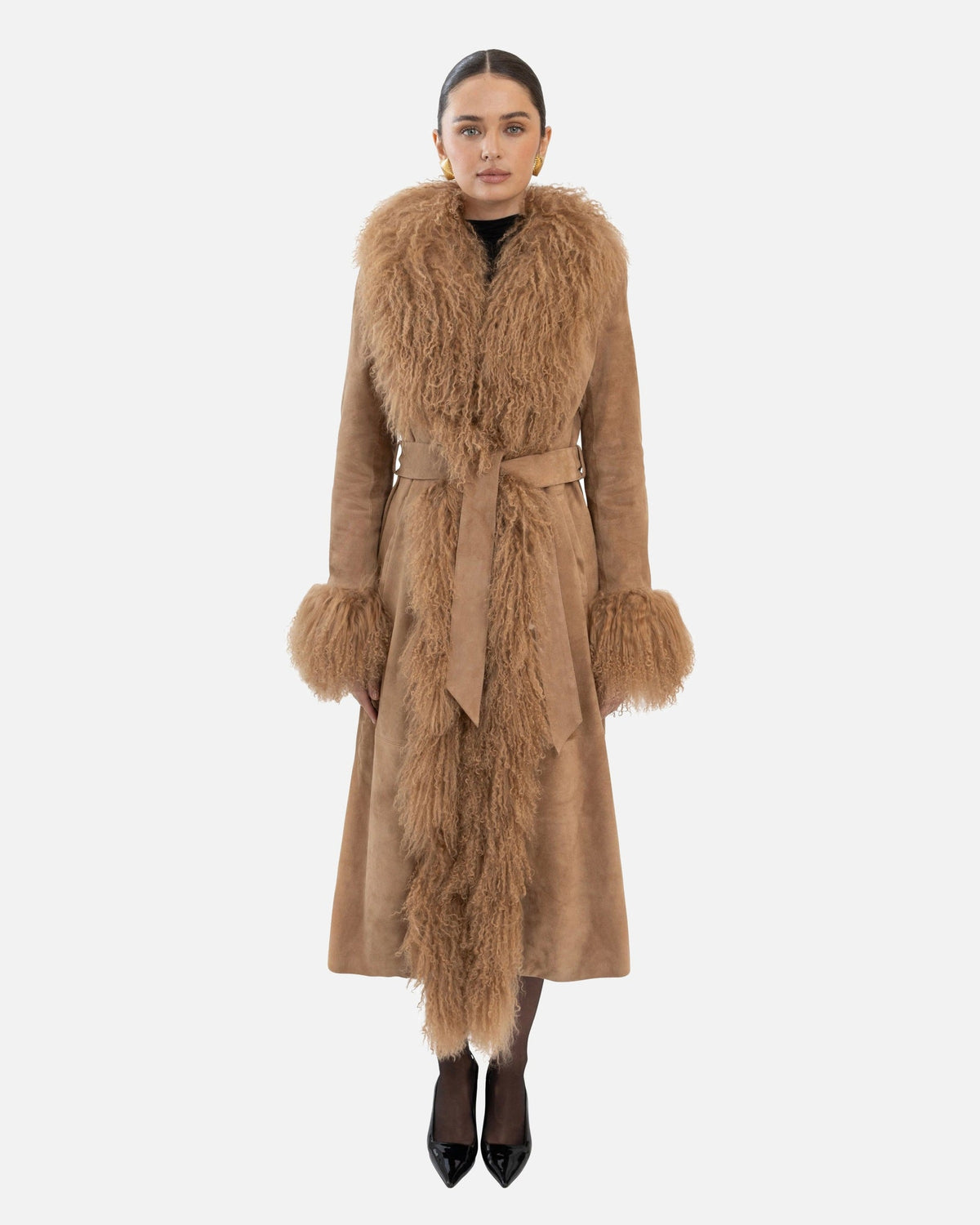 Susanna Chow Inez Suede Shearling Maxi Coat in Sand