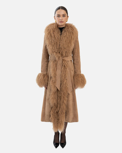 Susanna Chow Inez Suede Shearling Maxi Coat in Sand