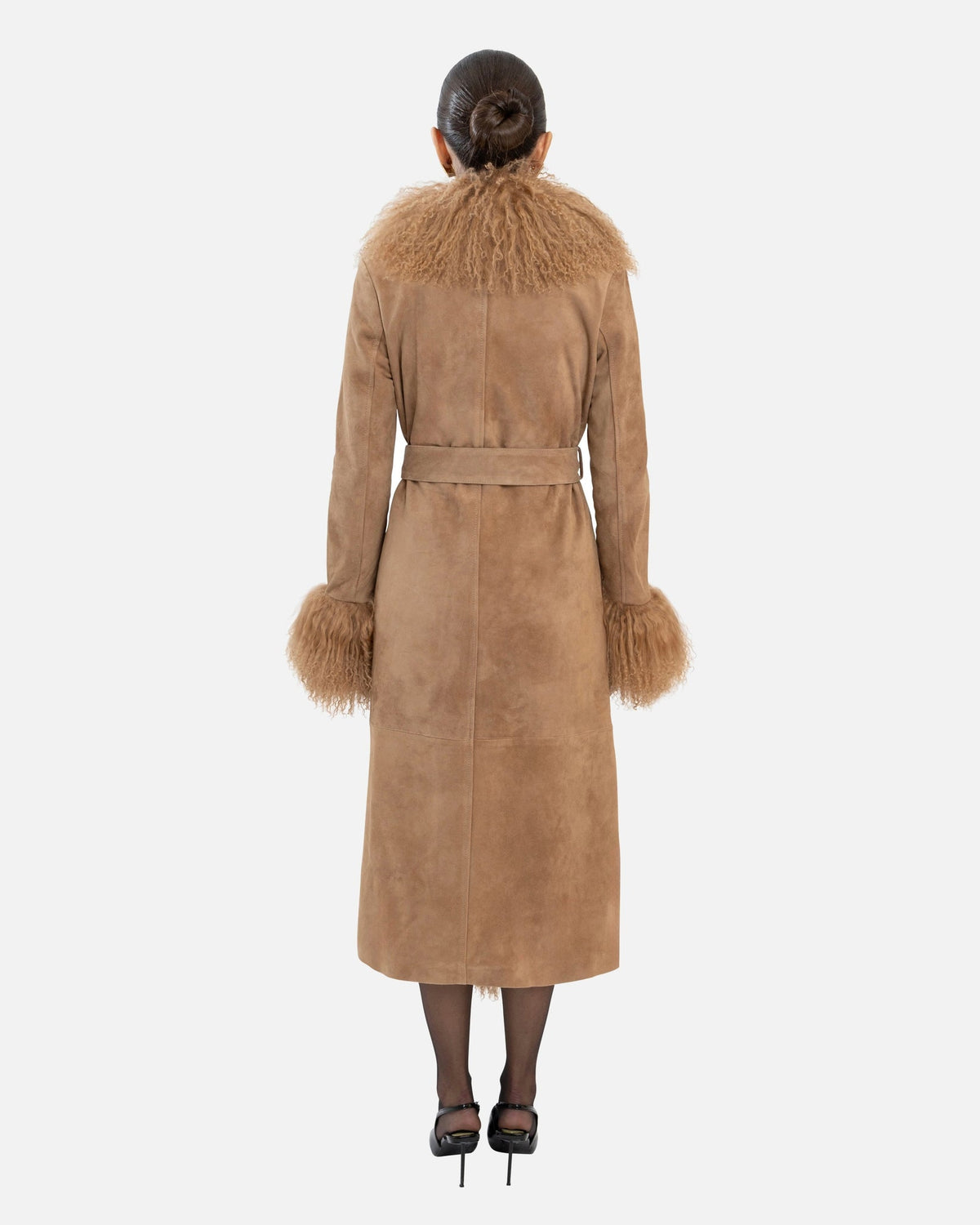 Susanna Chow Inez Suede Shearling Maxi Coat in Sand