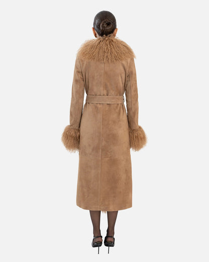 Susanna Chow Inez Suede Shearling Maxi Coat in Sand