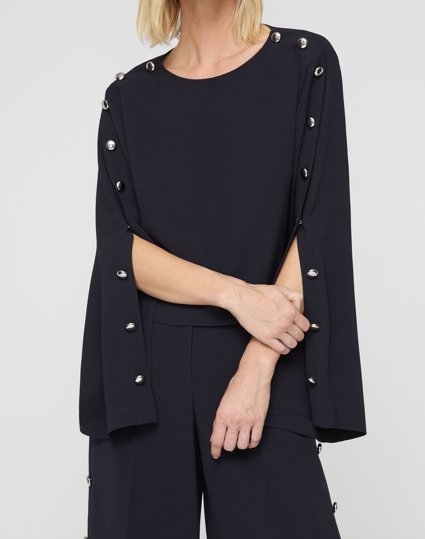 Lafayette 148 Crepe Button Sleeve Blouse in Ink Blue