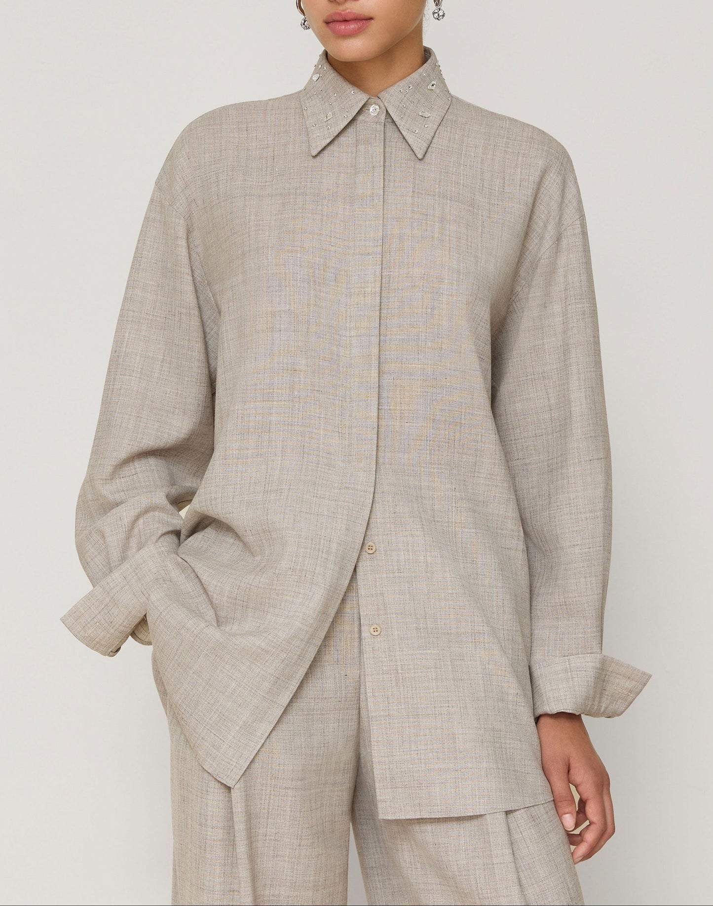 Lafayette 148 Tropical Wool-Silk Crystal Embellished Collar Oversized Shirt in Taupe Marl