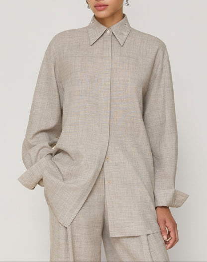 Lafayette 148 Tropical Wool-Silk Crystal Embellished Collar Oversized Shirt in Taupe Marl