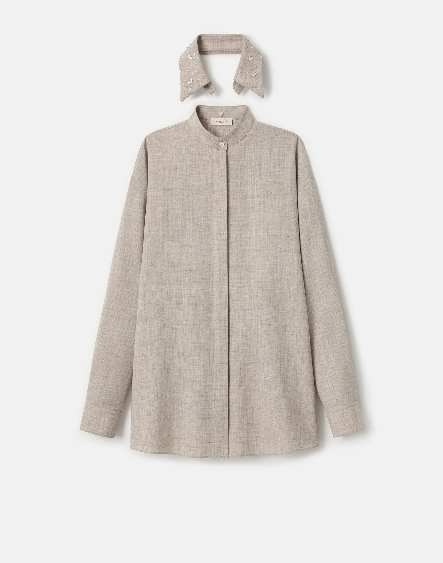 Lafayette 148 Tropical Wool-Silk Crystal Embellished Collar Oversized Shirt in Taupe Marl