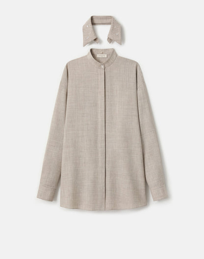 Lafayette 148 Tropical Wool-Silk Crystal Embellished Collar Oversized Shirt in Taupe Marl