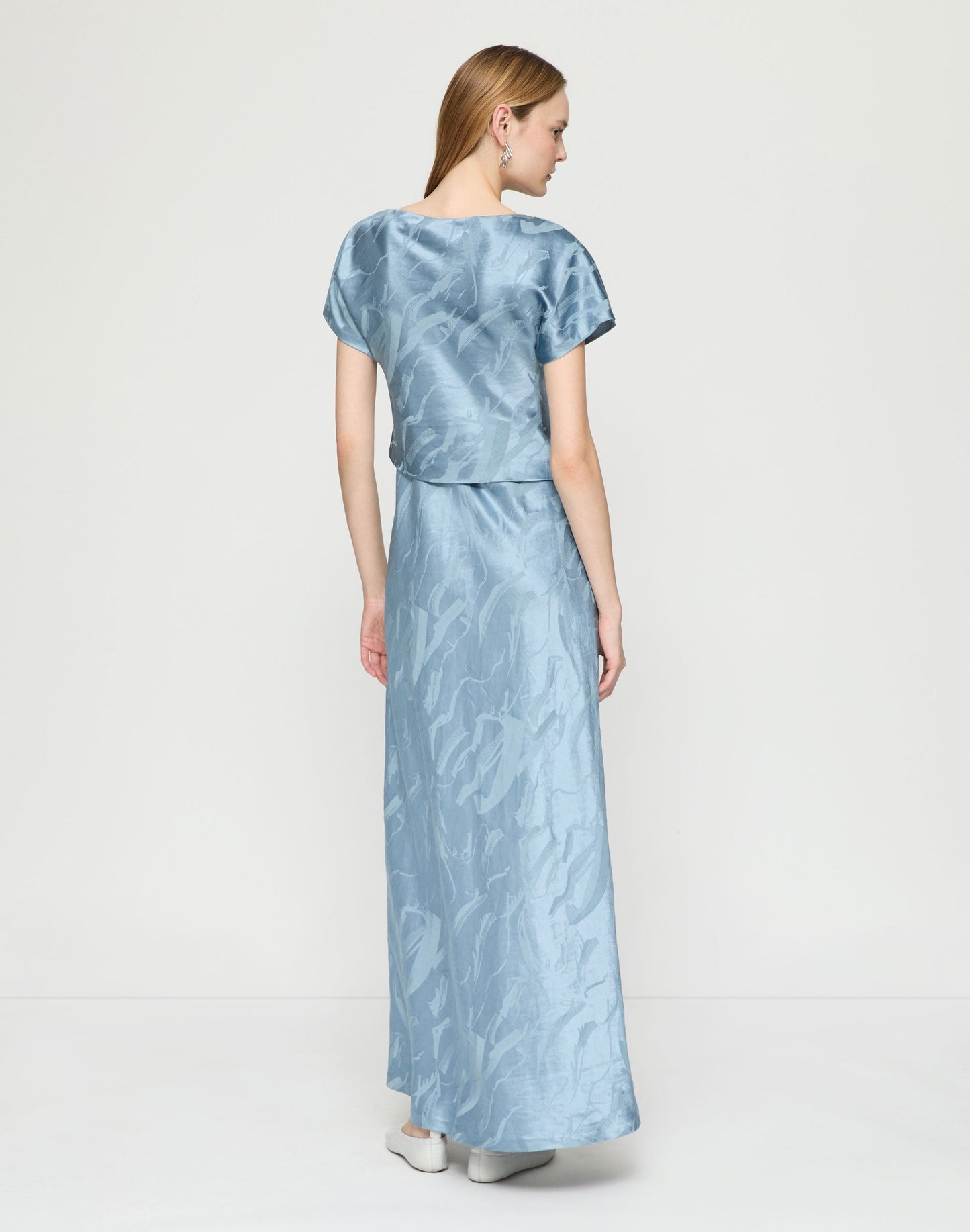 Lafayette 148 Gesture Jacquard Drape Front Maxi Dress in Paper Blue