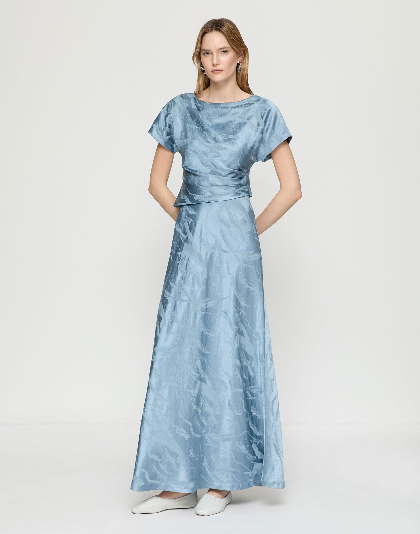 Lafayette 148 Gesture Jacquard Drape Front Maxi Dress in Paper Blue